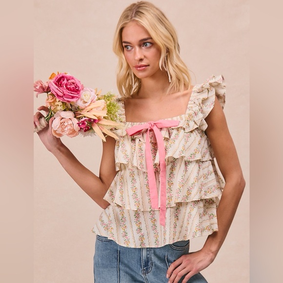 💗BiBi Floral Printed Woven Front Bow Tied Ruffled Square Neck Sleeveless Top - Picture 4 of 12